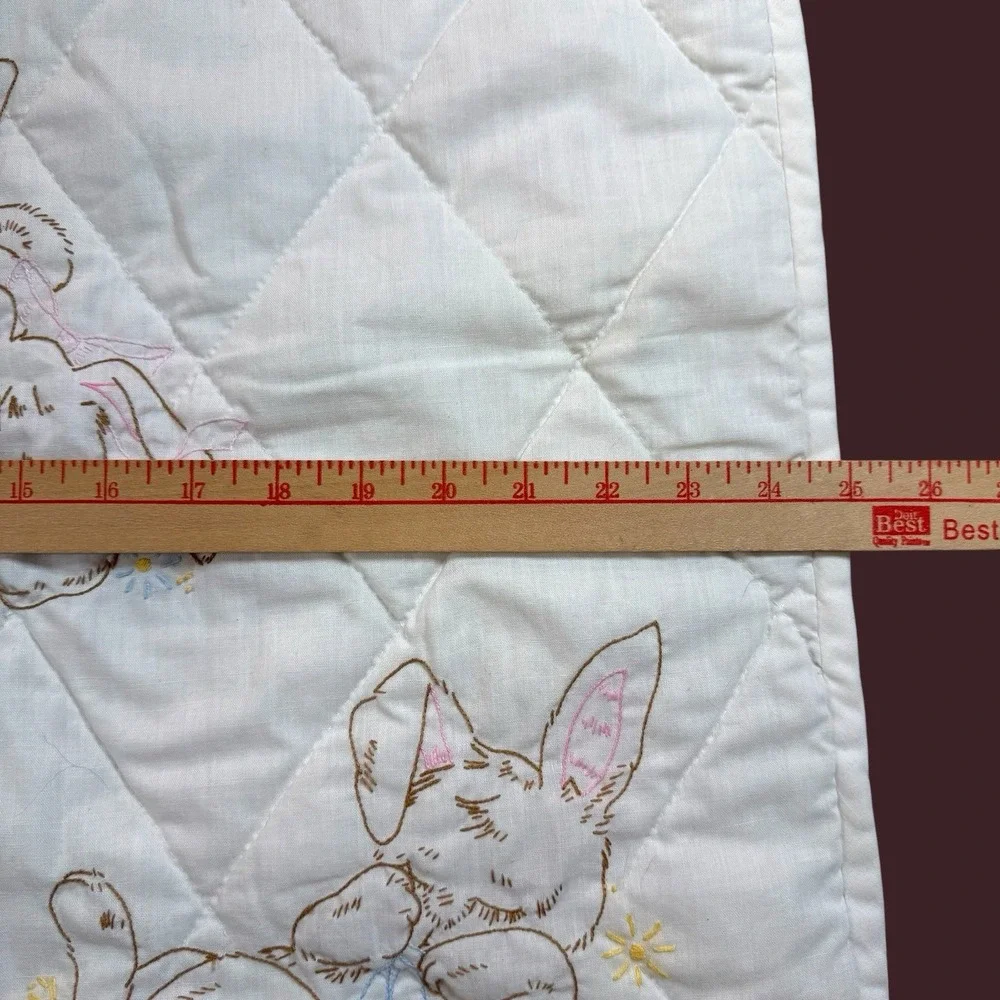 Vintage Baby Quilt Sleeping Bunnies Embroidered Crib Blanket Nursery 25x 32 1/2